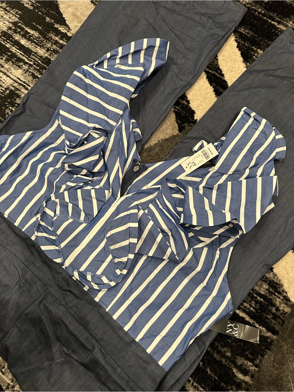 Striped Blue Ruffle Jumpsuit - Picture 2 of 4